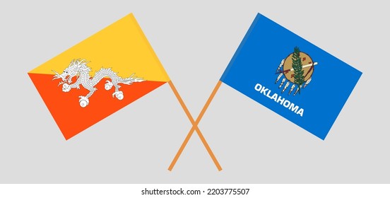 Crossed flags of Bhutan and The State of Oklahoma. Official colors. Correct proportion. Vector illustration
