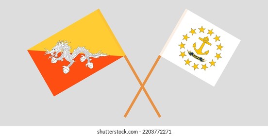 Crossed flags of Bhutan and the State of Rhode Island. Official colors. Correct proportion. Vector illustration
