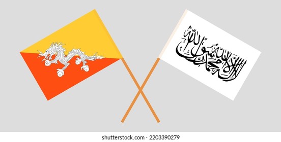 Crossed flags of Bhutan and Taliban. Official colors. Correct proportion. Vector illustration
