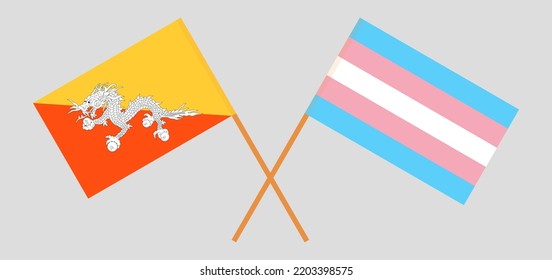 Crossed flags of Bhutan and Transgender Pride. Official colors. Correct proportion. Vector illustration
