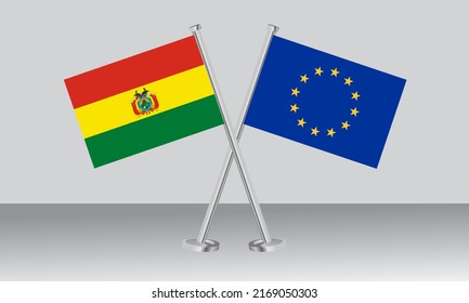 Crossed flags of Bolivia and European Union (EU). Official colors. Correct proportion. Banner design