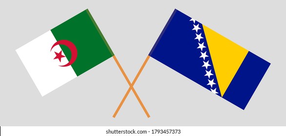 Crossed flags of Bosnia and Herzegovina and Algeria. Official colors. Correct proportion. Vector illustration
