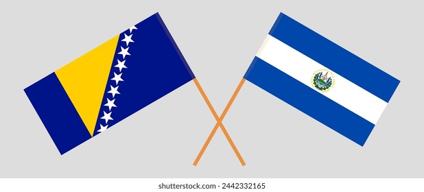 Crossed flags of Bosnia and Herzegovina and El Salvador. Official colors. Correct proportion. Vector illustration
