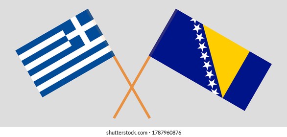 Crossed flags of Bosnia and Herzegovina and Greece. Official colors. Correct proportion. Vector illustration
