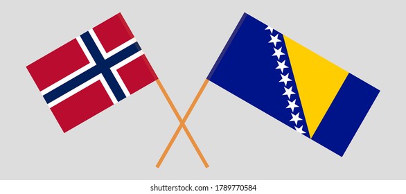 Crossed flags of Bosnia and Herzegovina and Norway. Official colors. Correct proportion. Vector illustration
