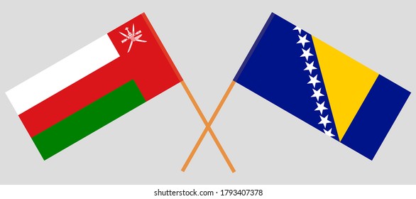 Crossed flags of Bosnia and Herzegovina and Oman. Official colors. Correct proportion. Vector illustration
