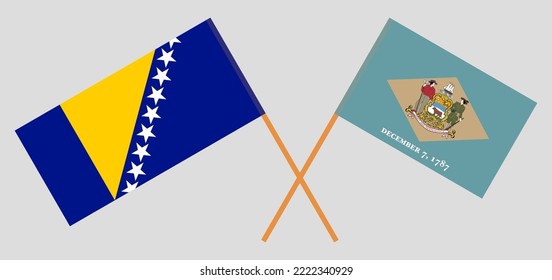 Crossed flags of Bosnia and Herzegovina and The State of Delaware. Official colors. Correct proportion. Vector illustration
