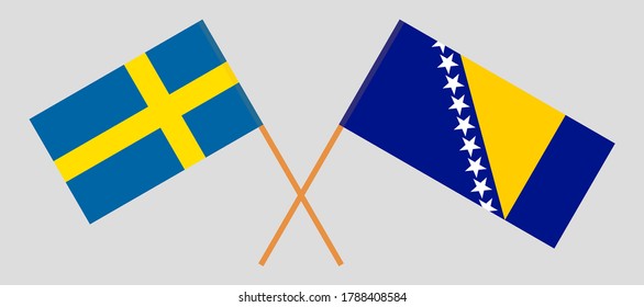 Crossed flags of Bosnia and Herzegovina and Sweden. Official colors. Correct proportion. Vector illustration
