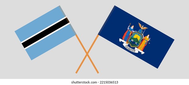 Überquerte Flaggen von Botswana und dem Bundesstaat New York. Offizielle Farben. Richtiger Anteil. Vektorgrafik

