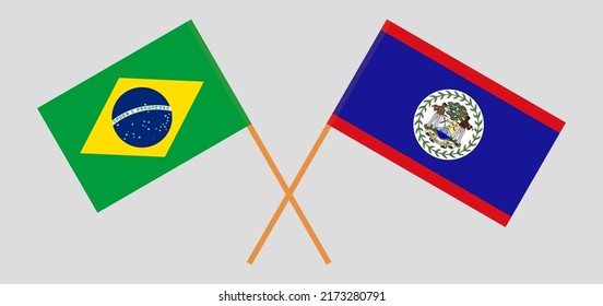 Crossed flags of Brazil and Belize. Official colors. Correct proportion. Vector illustration
