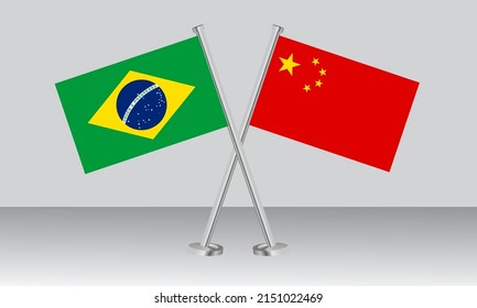 Crossed flags of Brazil and China. Official colors. Correct proportion. Banner design