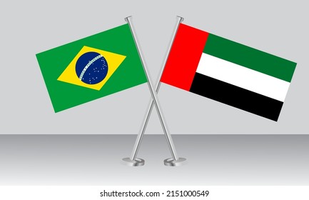 Crossed flags of Brazil and United Arab Emirates (UAE). Official colors. Correct proportion. Banner design