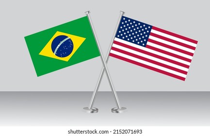 Crossed flags of Brazil and United State of America (USA). Official colors. Correct proportion. Banner design