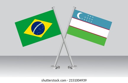 Crossed flags of Brazil and Uzbekistan. Official colors. Correct proportion. Banner design
