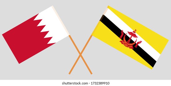Crossed flags of Brunei and Bahrain. Official colors. Correct proportion. Vector illustration
