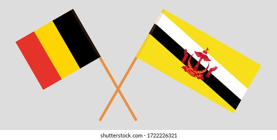 Crossed flags of Brunei and Belgium. Official colors. Correct proportion. Vector illustration
