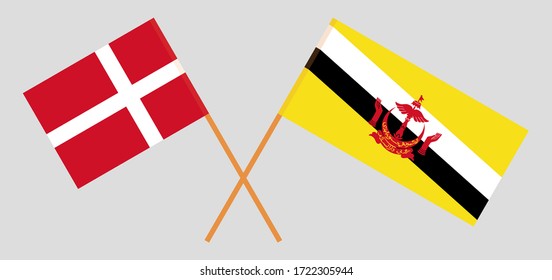 Crossed flags of Brunei and Denmark. Official colors. Correct proportion. Vector illustration
