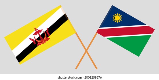 Gekreuzte Flaggen von Brunei und Namibia. Offizielle Farben. Richtiger Anteil