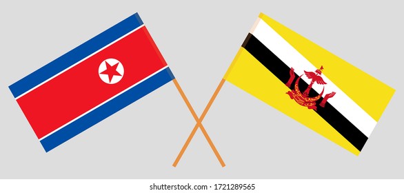 Crossed flags of Brunei and North Korea. Official colors. Correct proportion. Vector illustration
