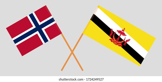 Crossed flags of Brunei and Norway. Official colors. Correct proportion. Vector illustration
