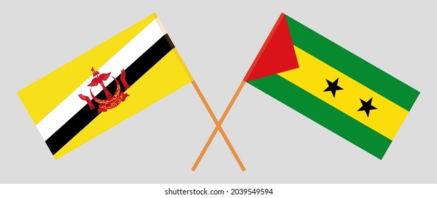 Crossed flags of Brunei and Sao Tome and Principe. Official colors. Correct proportion