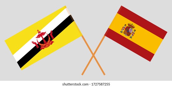 Crossed flags of Brunei and Spain. Official colors. Correct proportion. Vector illustration
