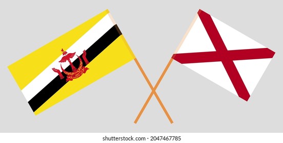 Crossed flags of Brunei and The State of Alabama. Official colors. Correct proportion