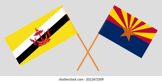Crossed flags of Brunei and the State of Arizona. Official colors. Correct proportion