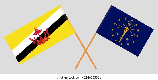 Crossed flags of Brunei and the State of Indiana. Official colors. Correct proportion. Vector illustration
