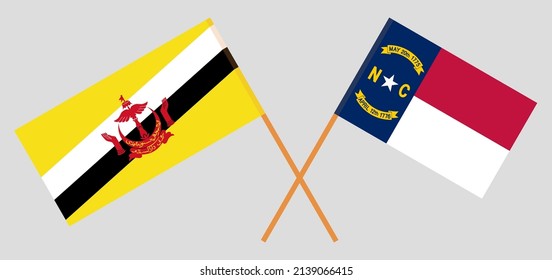 Crossed flags of Brunei and The State of North Carolina. Official colors. Correct proportion. Vector illustration
