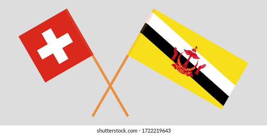 Crossed flags of Brunei and Switzerland. Official colors. Correct proportion. Vector illustration
