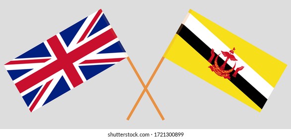 Crossed flags of Brunei and the UK. Official colors. Correct proportion. Vector illustration
