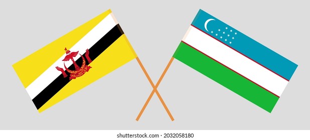 Crossed flags of Brunei and Uzbekistan. Official colors. Correct proportion