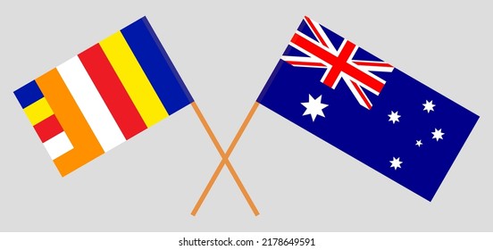 Crossed flags of Buddhism and Australia. Official colors. Correct proportion. Vector illustration
