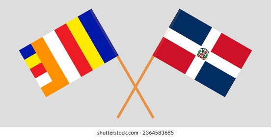 Crossed flags of Buddhism and Dominican Republic. Official colors. Correct proportion. Vector illustration
