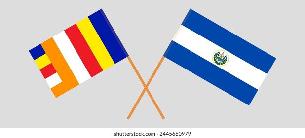 Crossed flags of Buddhism and El Salvador. Official colors. Correct proportion. Vector illustration
