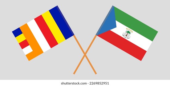 Crossed flags of Buddhism and Equatorial Guinea. Official colors. Correct proportion. Vector illustration