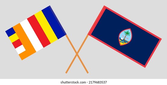 Crossed flags of Buddhism and Guam. Official colors. Correct proportion. Vector illustration
