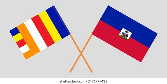 Crossed flags of Buddhism and Haiti. Official colors. Correct proportion. Vector illustration
