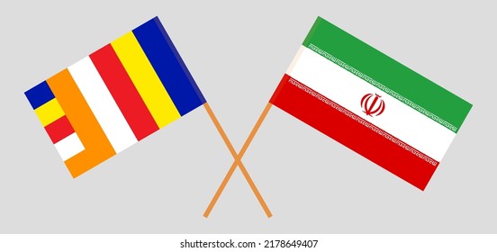 Banderas cruzadas de budismo e Irán. Colores oficiales. Proporción correcta. Ilustración del vector
