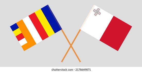 Crossed flags of Buddhism and Malta. Official colors. Correct proportion. Vector illustration
