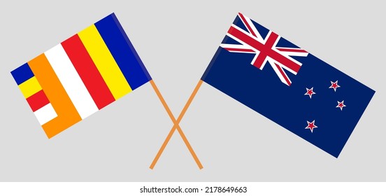 Crossed flags of Buddhism and New Zealand. Official colors. Correct proportion. Vector illustration
