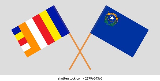 Crossed flags of Buddhism and The State of Nevada. Official colors. Correct proportion. Vector illustration
