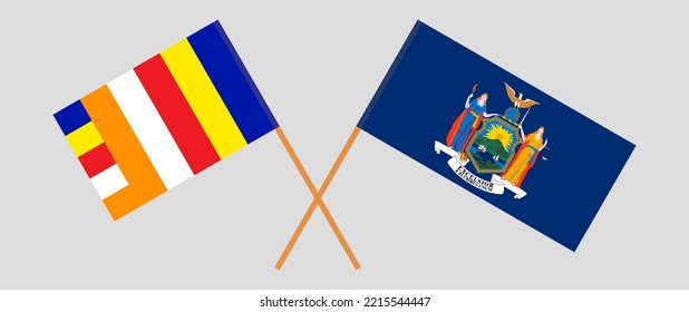 Banderas cruzadas del budismo y el estado de Nueva York. Colores oficiales. Proporción correcta. Ilustración del vector
