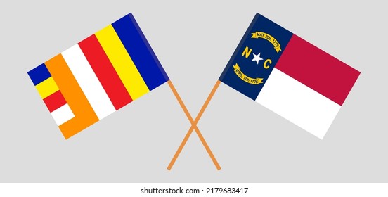 Crossed flags of Buddhism and The State of North Carolina. Official colors. Correct proportion. Vector illustration
