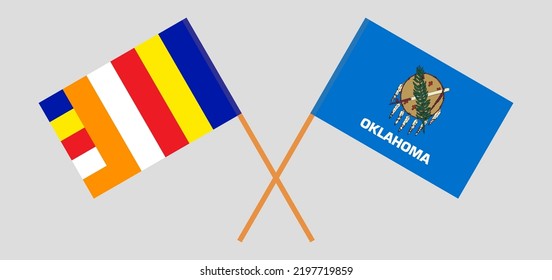 Banderas cruzadas del budismo y el estado de Oklahoma. Colores oficiales. Proporción correcta. Ilustración del vector
