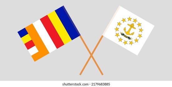 Crossed flags of Buddhism and the State of Rhode Island. Official colors. Correct proportion. Vector illustration
