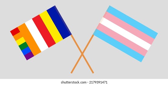 Crossed flags of Buddhism and Transgender Pride. Official colors. Correct proportion. Vector illustration
