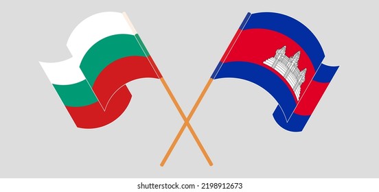Crossed flags of Bulgaria and Cambodia. Official colors. Correct proportion. Vector illustration

