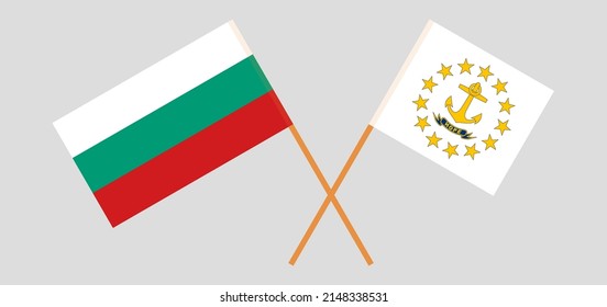 Banderas cruzadas de Bulgaria y el estado de la isla Rhode. Colores oficiales. Proporción correcta. Ilustración del vector
